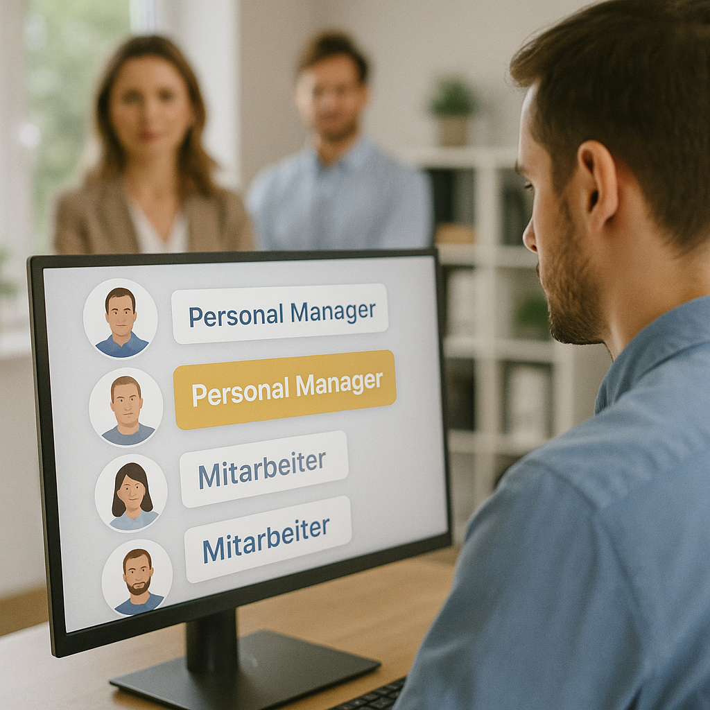 Ein Mitarbeiter sitzt in einem modernen Büro vor einem Computerbildschirm, auf dem verschiedene digitale Profile mit Rollen wie Personalmanager und Mitarbeiter angezeigt werden. Zwei Kollegen stehen unscharf im Hintergrund. Die Szene wirkt realistisch und zeigt die rollenbasierte Verwaltung von Mitarbeitern.