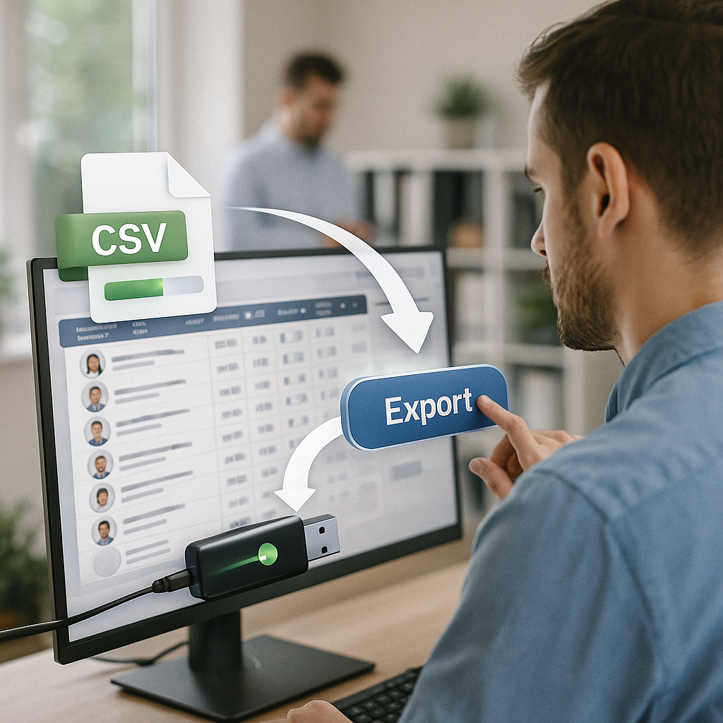 Ein Mitarbeiter sitzt in einem modernen Büro vor einem Computerbildschirm und exportiert eine Tabelle mit Mitarbeiterdaten. Auf dem Monitor ist eine klare Datenübersicht sichtbar, während ein Kollege unscharf im Hintergrund steht.“