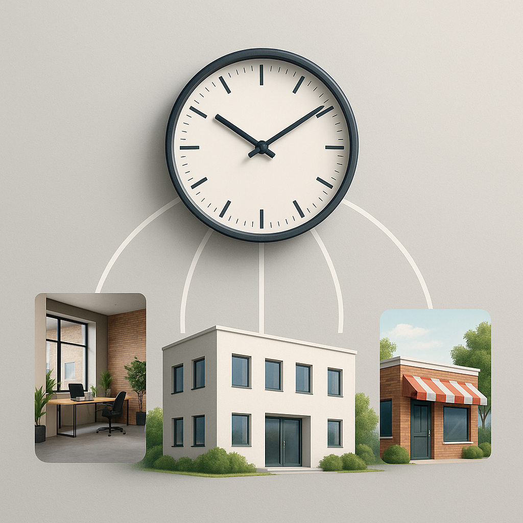 Eine große Wanduhr steht zentral im Bild. Unter ihr sind drei verschiedene Betriebsstätten zu sehen: ein modernes Büro, ein größeres Firmengebäude und ein kleines Ladenlokal. Linien verbinden die Uhr mit allen Standorten und symbolisieren eine zentrale Erfassung der Arbeitszeiten.