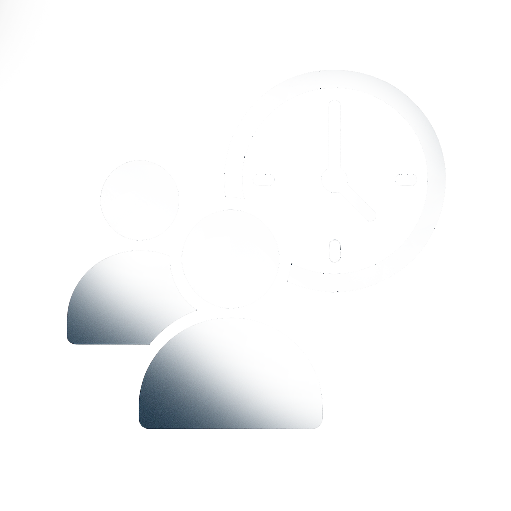 Das Helle Icon zeigt zwei abstrahierte menschliche Silhouetten in dunklem Blau, angeordnet vor einem großen, stilisierten Uhrsymbol. Die Formen sind flächig und modern gestaltet und stehen für Mitarbeiterverwaltung und Arbeitszeiterfassung.